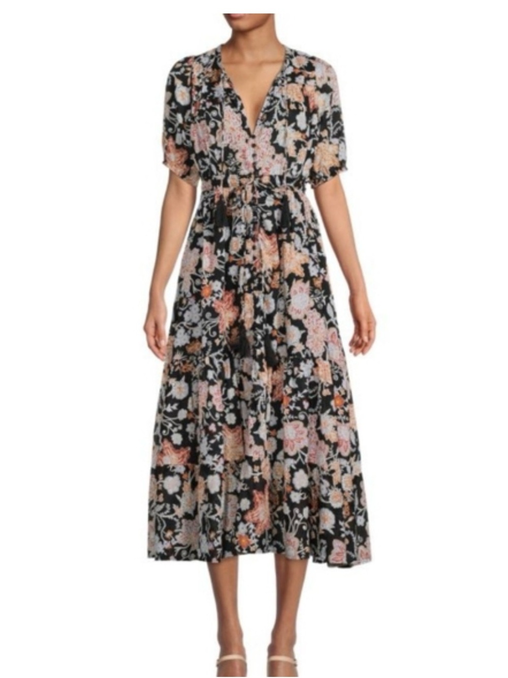 Floral V-Neck Midi Dress in Black and Multi